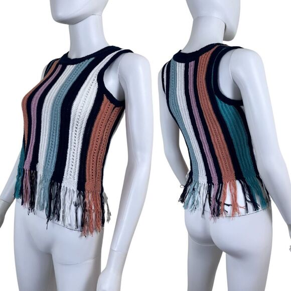Crave Fame Women Size XS Crochet Knit Cropped Striped Tank Pullover Top Festival - Picture 1 of 11